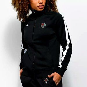 NWoT Petals & Peacocks Champion Black & White Rose Embroidered Track Jacket